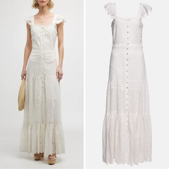 NWT Veronica Beard Aislin Eyelet Tiered Maxi Dress White Lace Button Front sz 8